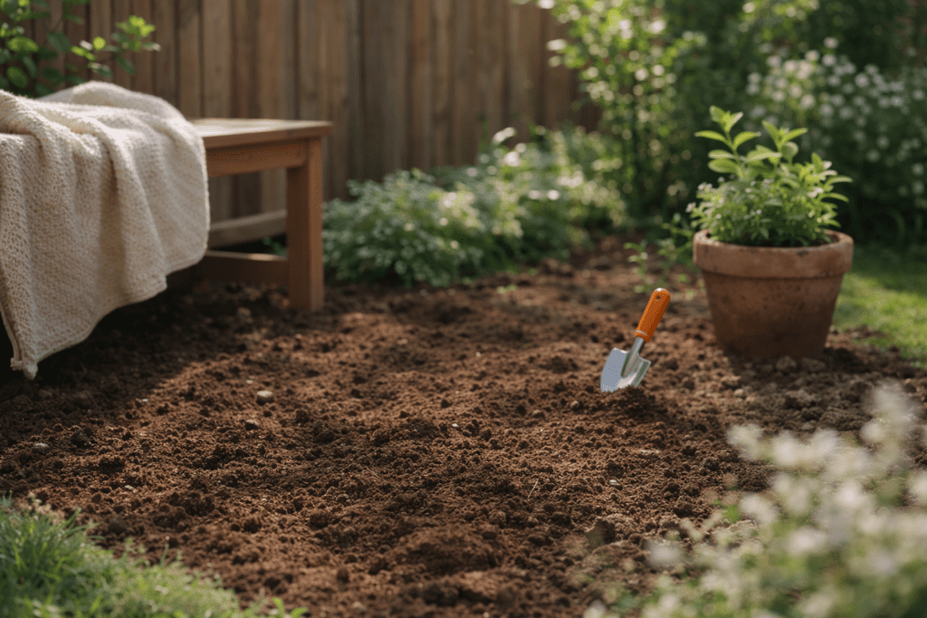 Freshly prepared garden soil ready for grass seed to grow in a small UK garden