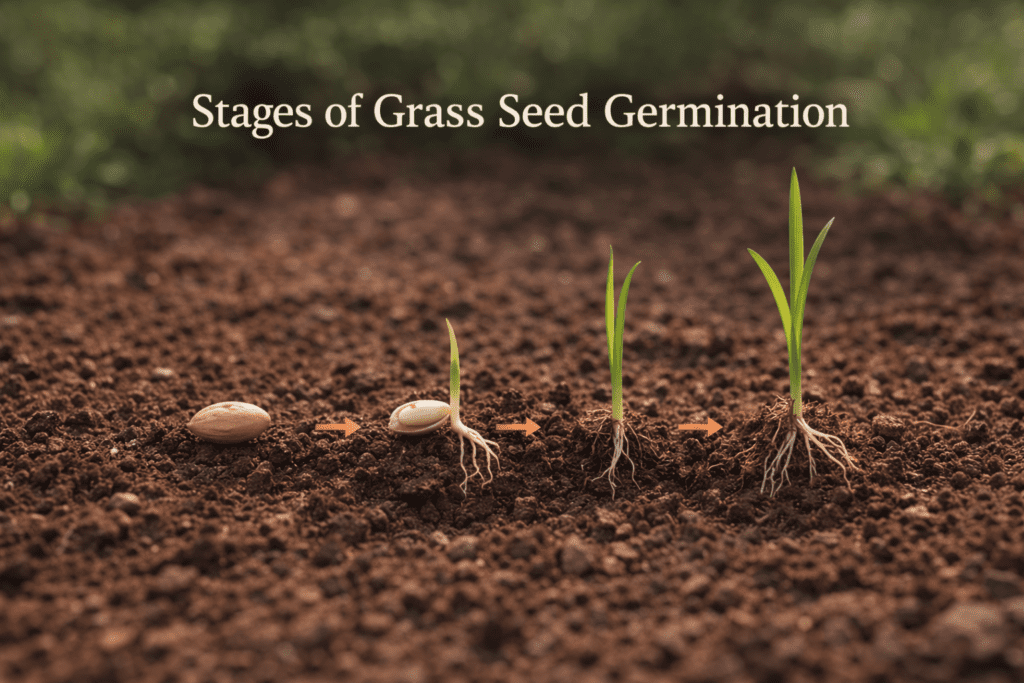 Stages of grass seed germination showing seed sprouting roots and young grass shoots in soil